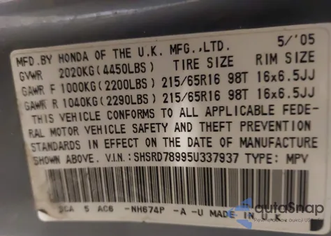 2005 Honda Cr-V Se from USA, damaged, VIN SHSRD78995U337937